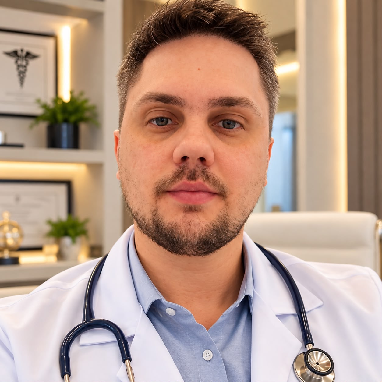 Dr. Matheus Pegoraro usando jaleco e estetoscópio